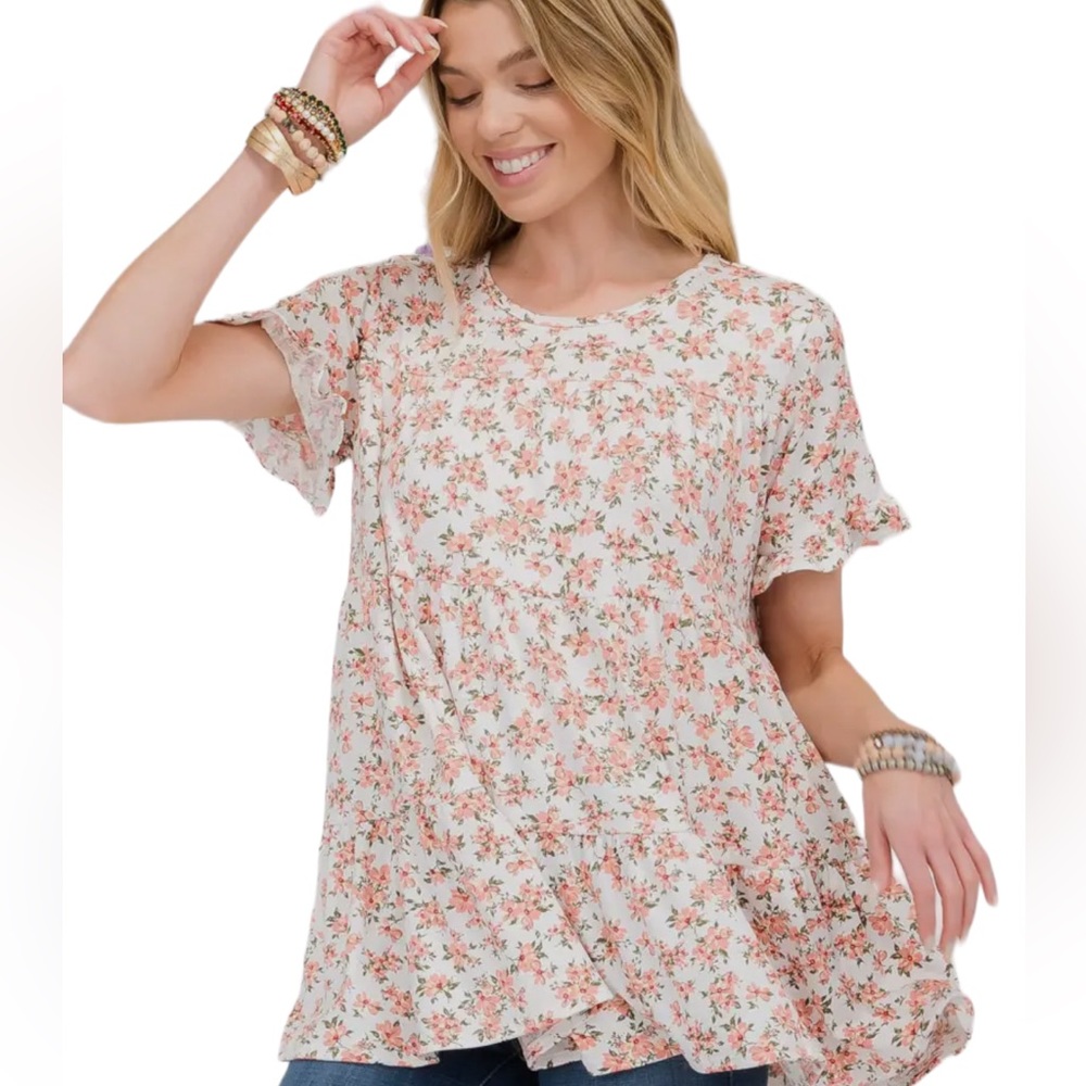 Plus sized modest floral print tiered tunic top in ivory